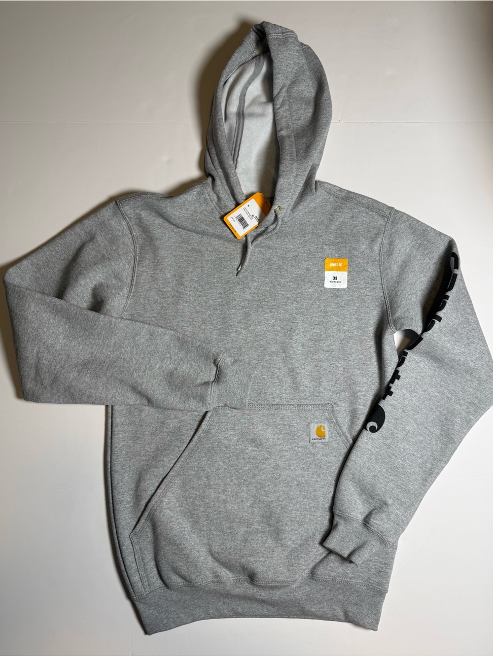 NWT Carhartt Men's Loose Fit Midweight Sleeve Logo Gray Hoodie Sweatshirt XS